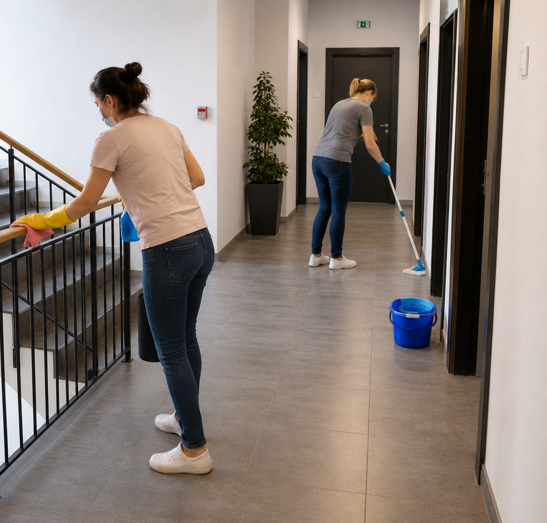 Profi társasház takarító csapat munka közben Budapesten